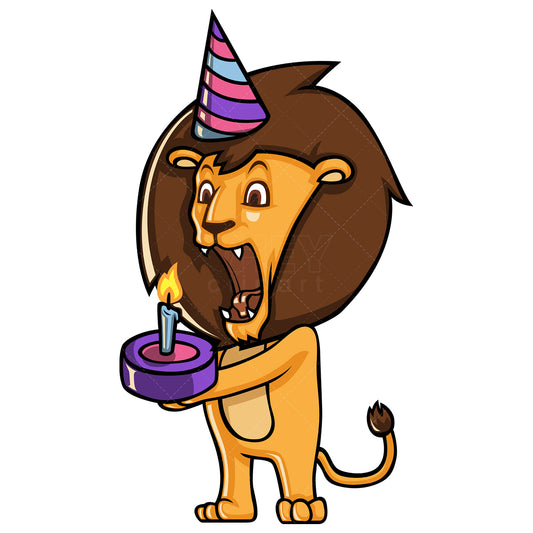 Royalty-free stock vector illustration of a lion having a birthday party.