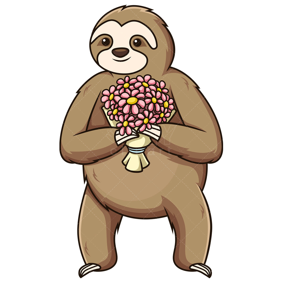 Royalty-free stock vector illustration of a sloth holding flowers.