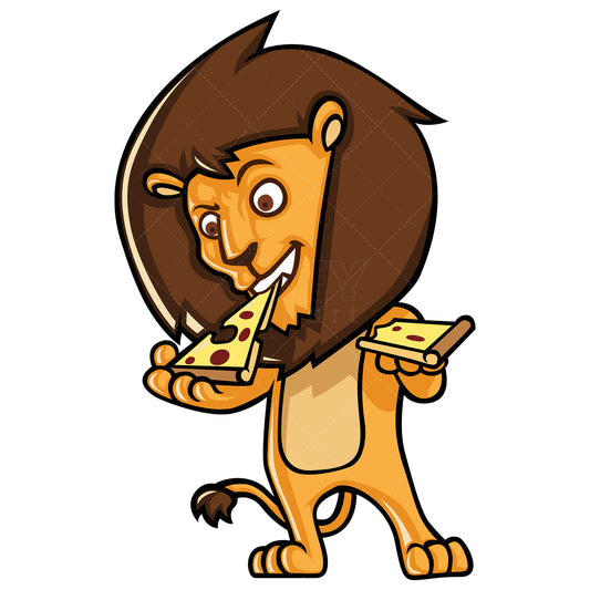 Royalty-free stock vector illustration of a lion eating pizza.