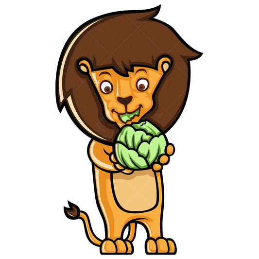 Royalty-free stock vector illustration of a lion eating healthy vegetable.