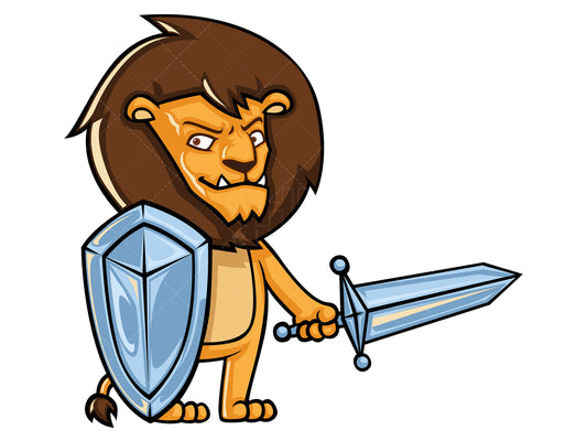 Royalty-free stock vector illustration of a lion knight holding sword and shield.