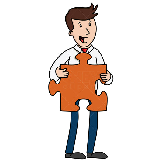 Royalty-free stock vector illustration of a businessman holding puzzle piece.