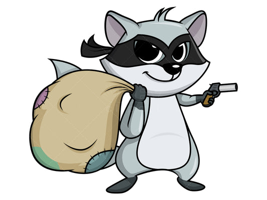 Royalty-free stock vector illustration of  a criminal raccoon holding pistol.