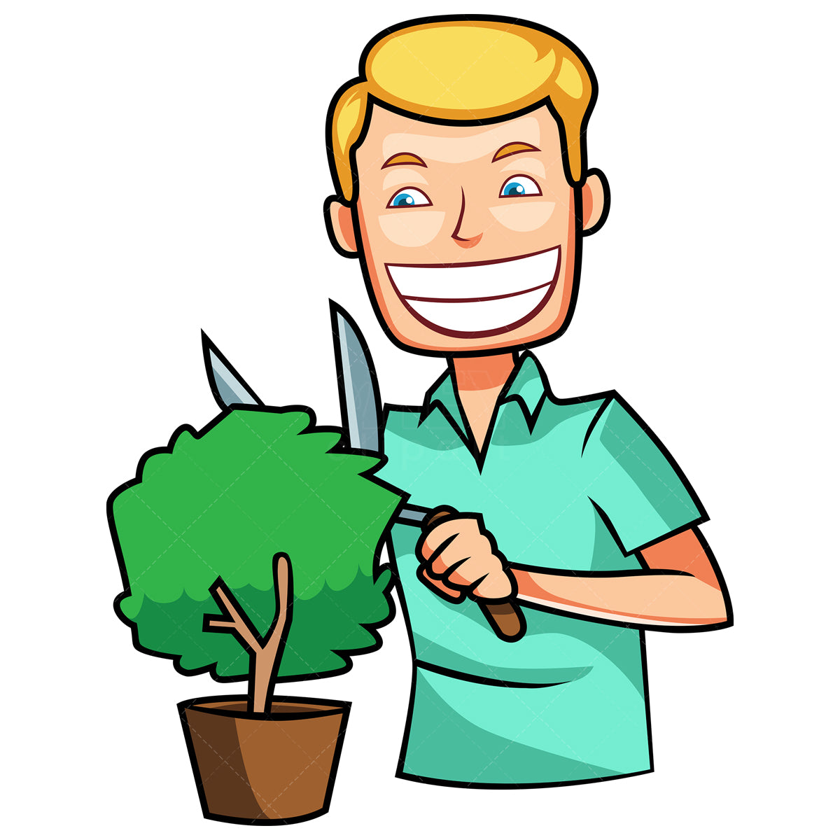 Royalty-free stock vector illustration of a man trimming shrub.