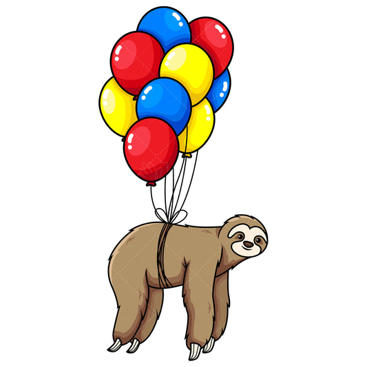 Royalty-free stock vector illustration of a sloth flying with balloons.