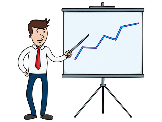 Royalty-free stock vector illustration of a businessman pointing to positive graph.