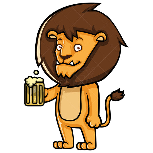 Royalty-free stock vector illustration of a lion drinking beer.