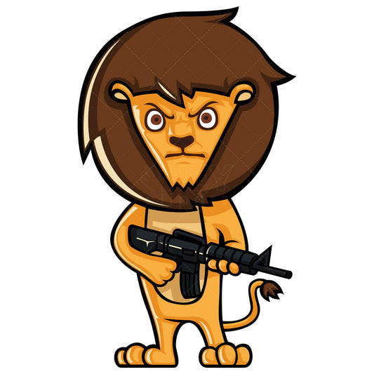 Royalty-free stock vector illustration of a lion holding a machine gun.