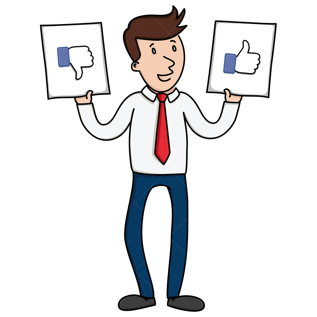 Royalty-free stock vector illustration of a businessman holds like and dislike button.