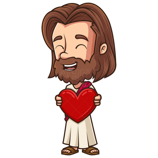 Royalty-free stock vector illustration of a kawaii Jesus holding heart.