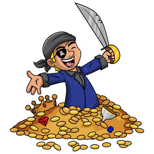 Royalty-free stock vector illustration of  a pirate cheering while covered in treasure.