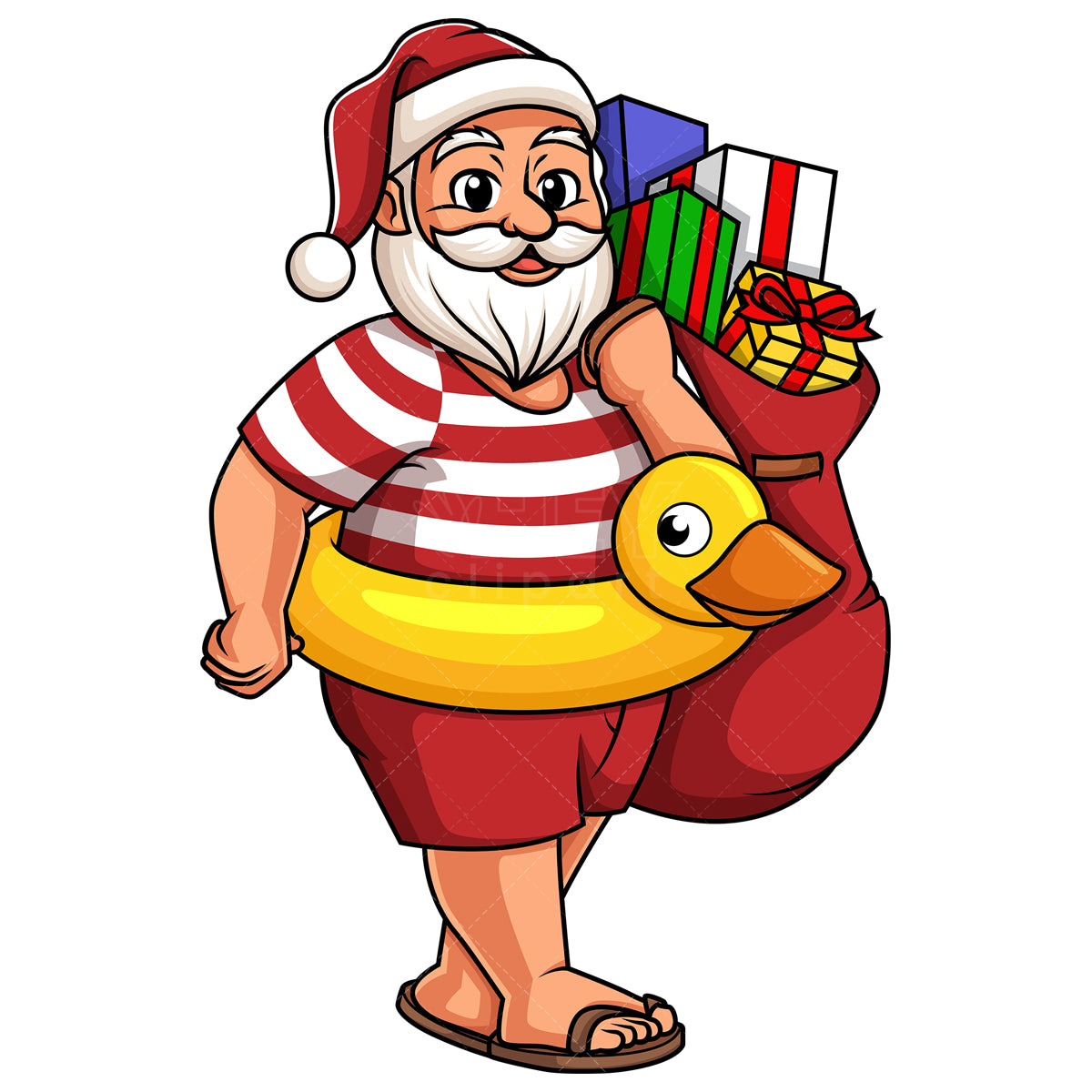 Royalty-free stock vector illustration of a summer santa claus holding gift bag.