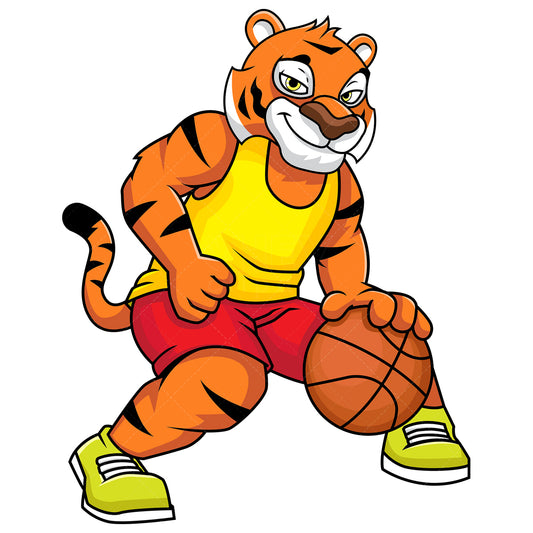 Royalty-free stock vector illustration of a tiger mascot playing basketball.