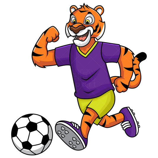 Royalty-free stock vector illustration of a tiger mascot playing soccer.