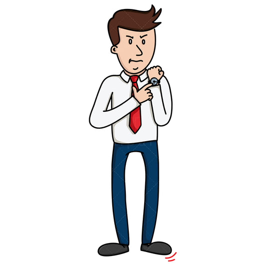 Royalty-free stock vector illustration of an irritated businessman pointing at his watch.