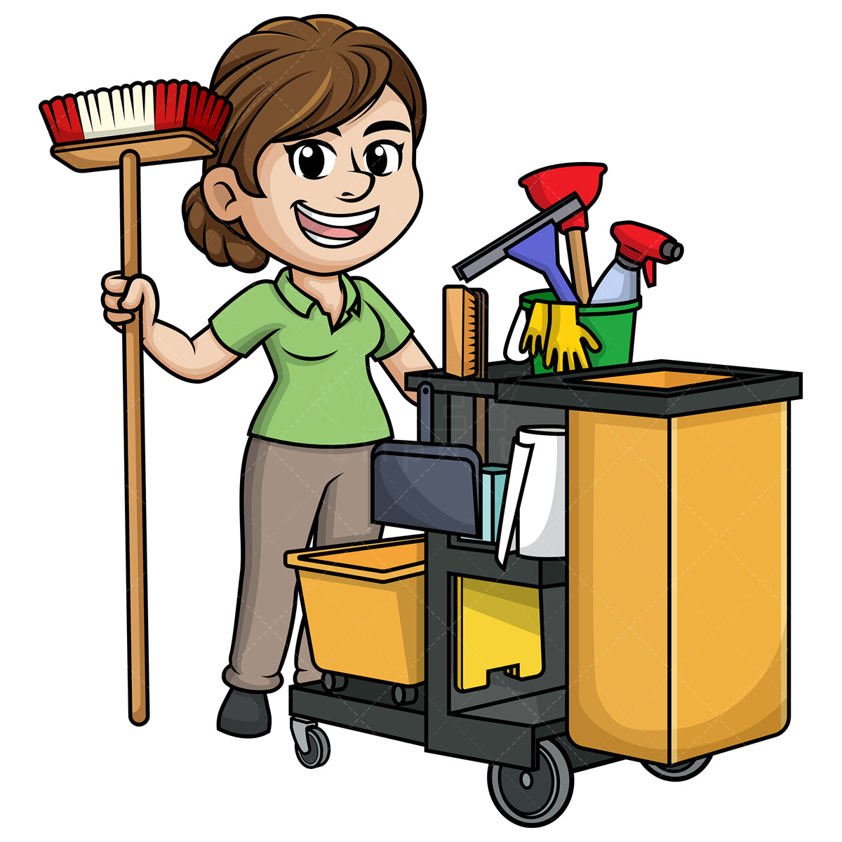 Royalty-free stock vector illustration of a female janitor with cleaning cart.