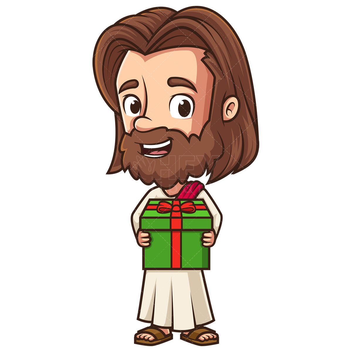 Royalty-free stock vector illustration of a kawaii Jesus holding present.