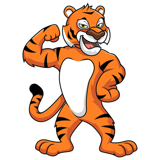 Royalty-free stock vector illustration of a tiger mascot flexing its muscles.