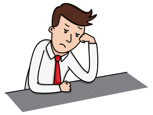 Royalty-free stock vector illustration of a sad businessman sitting at his desk.