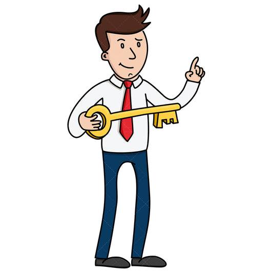 Royalty-free stock vector illustration of a businessman holding gold key.