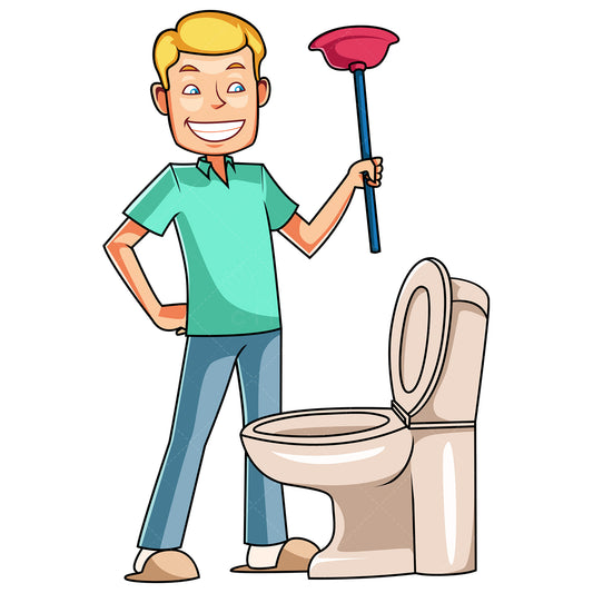 Royalty-free stock vector illustration of a man holding toilet plunger.