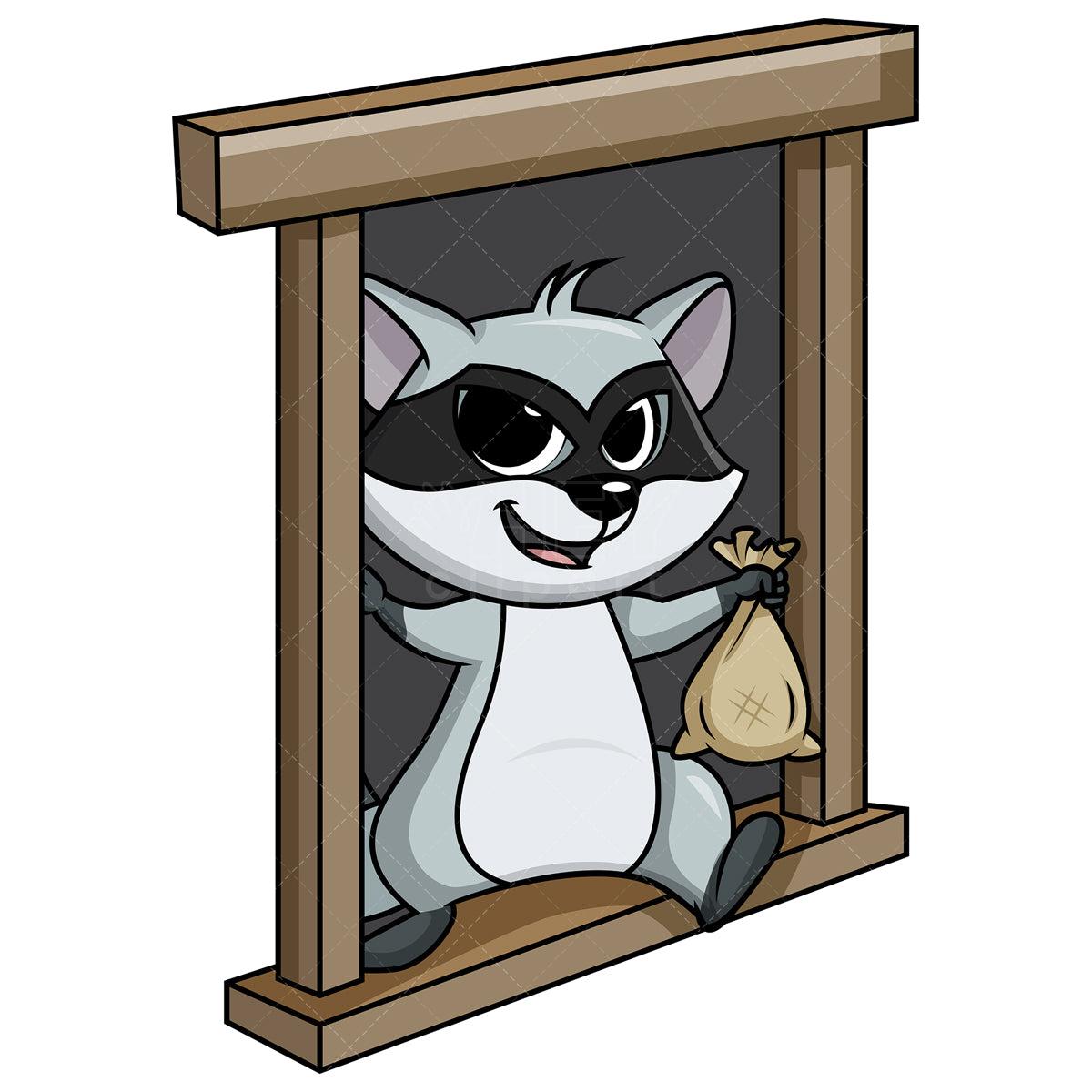 Royalty-free stock vector illustration of  a raccoon thief escaping from a window.