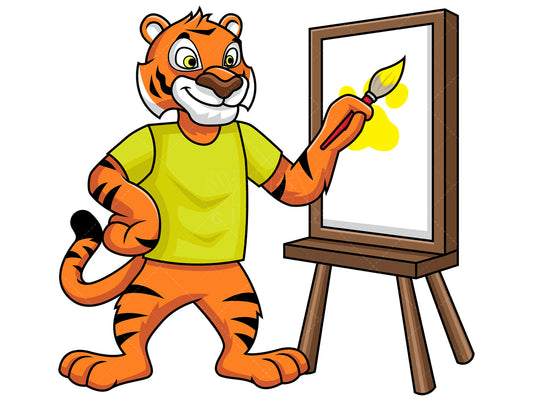 Royalty-free stock vector illustration of a tiger mascot drawing a painting.