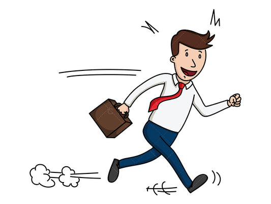 Royalty-free stock vector illustration of a happy businessman runs with briefcase.