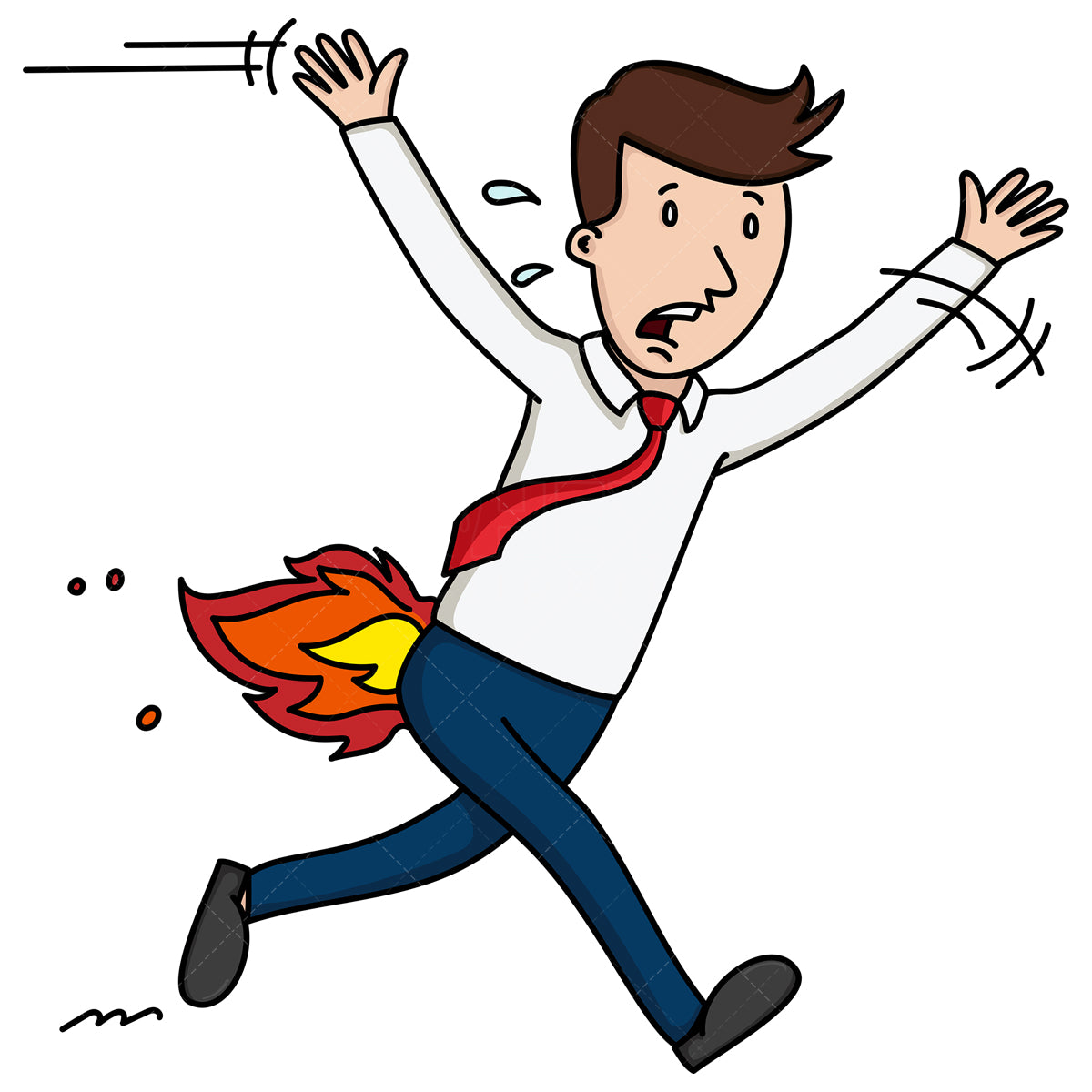 Royalty-free stock vector illustration of a businessman with his butt on fire.