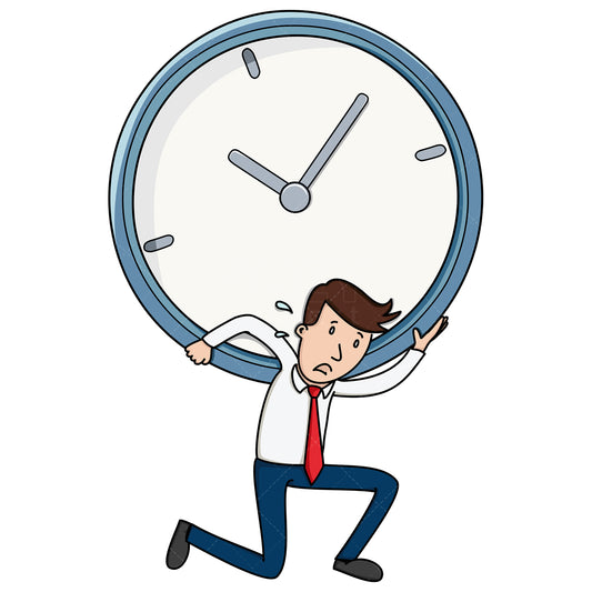 Royalty-free stock vector illustration of a business man carrying a huge clock on his back.