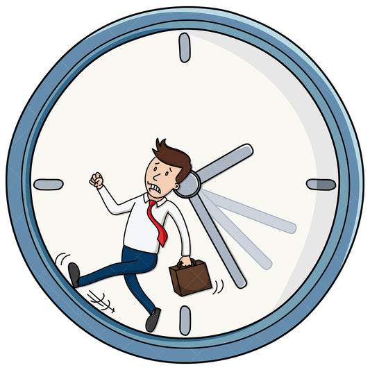 Royalty-free stock vector illustration of a tense businessman running inside of a giant clock.