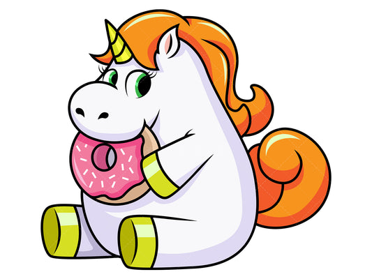 Royalty-free stock vector illustration of a cute unicorn eating a donut.