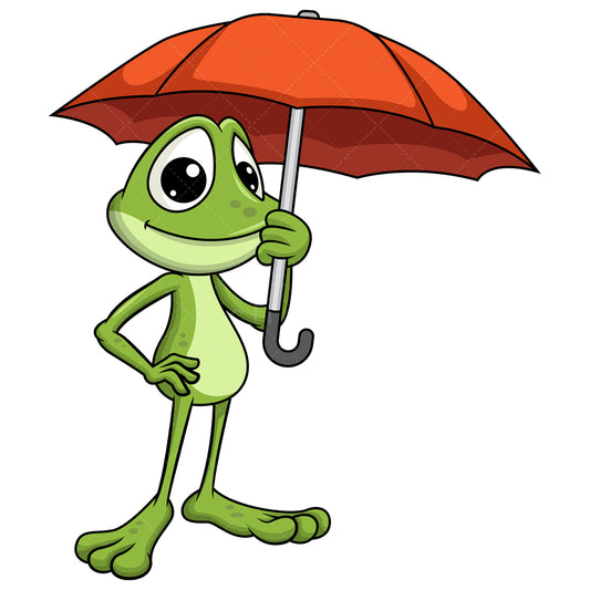 Royalty-free stock vector illustration of  a frog mascot holding umbrella.