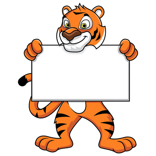 Royalty-free stock vector illustration of a tiger mascot holding a blank sign.