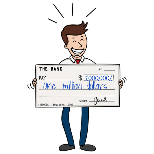 Royalty-free stock vector illustration of a millionaire business man holding large check.