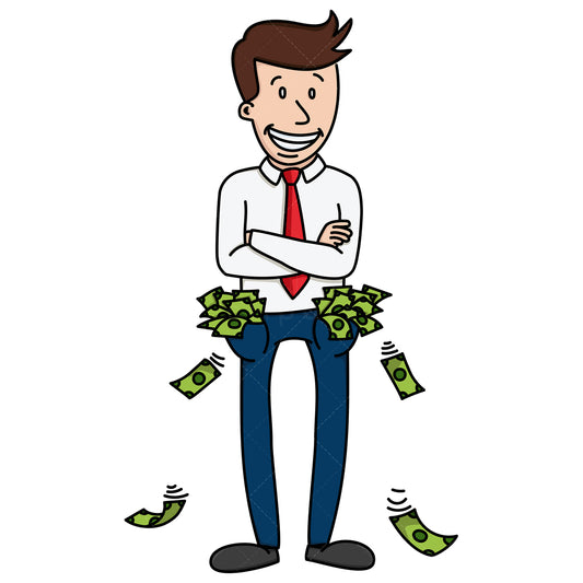 Royalty-free stock vector illustration of a businessman with pockets full of cash.