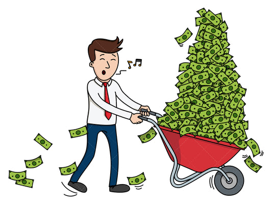 Royalty-free stock vector illustration of a businessman pushing wheelbarrow of cash.