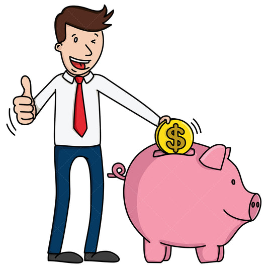 Royalty-free stock vector illustration of a man saving money into a piggy bank.