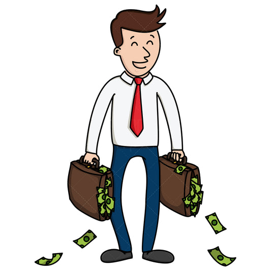 Royalty-free stock vector illustration of a businessman holding briefcases full of cash.