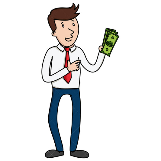 Royalty-free stock vector illustration of a businessman pointing to cash in his hand.
